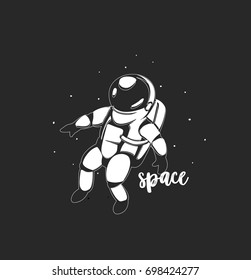 Astronaut In Space Icon, Black Background, Spacesuit, Helmet, Planet, Satellite, Alien, Vector Illustration