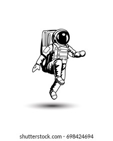 Astronaut in space icon, white background, spacesuit, helmet, planet, satellite, alien, vector illustration