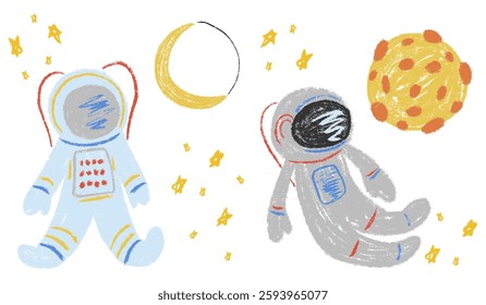 Astronaut in space. Kids chalk drawings set. Collection freehand child baby hand drawn scribble elements. Textured cute galaxy planet, stars, moon. Colourful vector illustration isolated