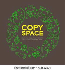 Astronaut in Space kids hand drawing set pattern background in circle frame illustration isolated on brown color background, with center copy space