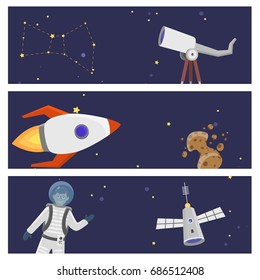Astronaut space landing card design future exploration space ship cosmonaut rocket shuttle vector illustration