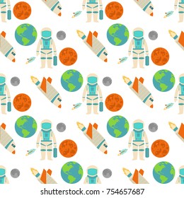 Astronaut space landing planets spaceship seamless pattern background future exploration space ship cosmonaut rocket shuttle vector illustration