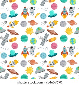 Astronaut space landing planets spaceship seamless pattern background future exploration space ship cosmonaut rocket shuttle vector illustration