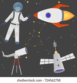 Astronaut space landing spaceship future exploration space ship cosmonaut rocket shuttle vector illustration