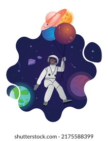Astronaut in space. Man in cosmos, astronomy and astrology. Metaphor for study of galaxies and universe. Scientific research and innovation. Cosmonaut with planets. Cartoon flat vector illustration