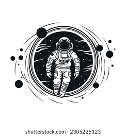 Astronaut in space. A man in a suit on the background of an infinite universe. Monochrome logo on a white background. Vector illustration