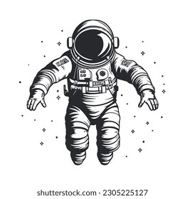 Astronaut in space. A man in a suit on the background of an infinite universe. Monochrome logo on a white background. Vector illustration