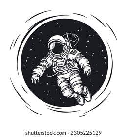 Astronaut in space. A man in a suit on the background of an infinite universe. Monochrome logo on a white background. Vector illustration