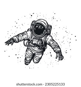 Astronauta en el espacio. Un hombre con traje sobre el fondo de un universo infinito. Logo monocromo sobre fondo blanco. Ilustración del vector