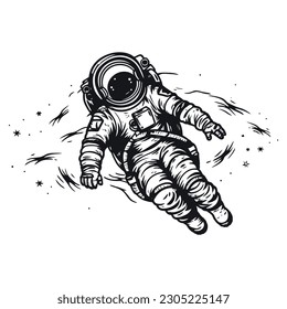 Astronaut in space. A man in a suit on the background of an infinite universe. Monochrome logo on a white background. Vector illustration