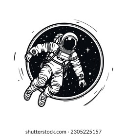 Astronaut in space. A man in a suit on the background of an infinite universe. Monochrome logo on a white background. Vector illustration