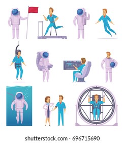 Astronaut Space Mission Cartoon Icons Set With Medical Examination Training In Spacesuit With Flag Isolated Vector Illustration 