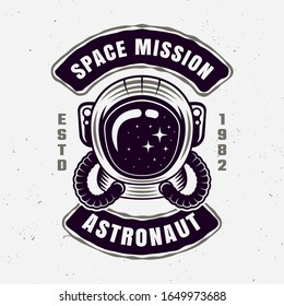 Astronaut space mission vector emblem with sample text isolated illustration