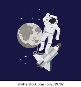 Astronaut in space. Moon planet and rocket on star background. Vector illustration.