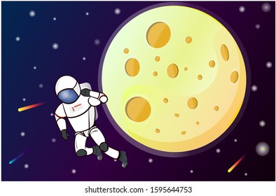 Astronaut in space near the moon against the background of the starry sky. Stock vector illustration.