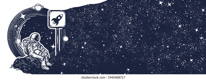 Astronauta en el espacio y en el cielo nocturno. Gráfico surrealista en blanco y negro. Símbolo de la start-up, universo, sueño, imaginación