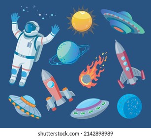 Astronaut and space objects cartoon illustration set. Spaceship, spaceman, asteroids, rocket, alien, comet, moon, sun, on blue background, UFO, astronomy, outer space concept