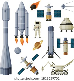 Astronaut, Space Objects and Cosmos Exploration Equipment Collection, Astronautics and Space Technology Theme Flat Vector Illustration on White Background