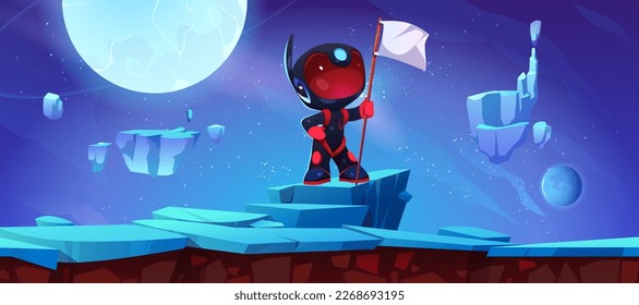 Astronaut in space on alien planet landscape with flying stones and moon. Cosmos background with cute cosmonaut in black spacesuit and helmet holding white flag, vector cartoon illustration