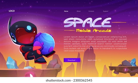 Astronaut in space on alien planet landscape, mobile arcade landing page. Cosmos background with flying cute cosmonaut in black spacesuit and helmet holding globe, vector cartoon illustration