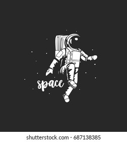 Astronaut in space, on black background, science and technology, vector illustration