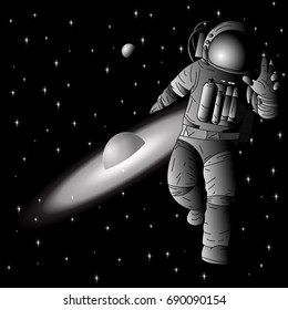 astronaut in space on black background planets stars. 10eps.