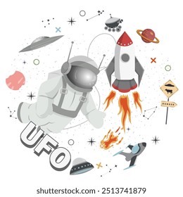 An astronaut in space on a cable with a rocket, round flat illustration childrens doodles