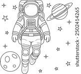 Astronaut in Space Outline Cartoon Coloring Page for Kids