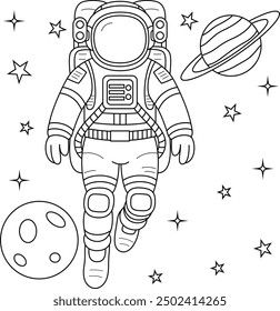 Astronaut in Space Outline Cartoon Coloring Page for Kids