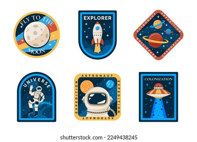 Astronaut space patch, colorful logo design, label or badge set. Boy t shirt stickers for mars mission with galaxy rocket, retro planets and stars. Vector graphic garish emblems collection