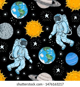 Astronaut in space pattern hand drawn. Vector illustration. Hand drawn space seamless pattern. Space background.