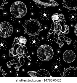 Astronaut in space pattern hand drawn. Vector illustration. Hand drawn space seamless pattern. Space background.