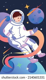 Astronaut in space with planet in background, world space day, vector illustration