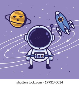 Astronaut in space with planet and rocket. Vector illustration of space design background