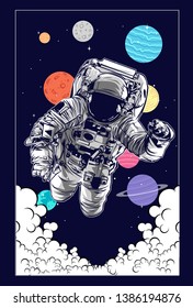 astronaut in space with planets in background, vector illustration