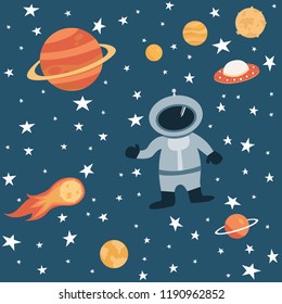 Astronaut in to the space with planets, comet, asteroids, stars and ufo