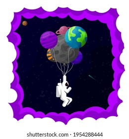 Astronaut in space. Planets and inflatable balloons. Vector illustration