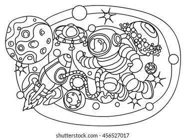 astronaut in space, planets, rocket, stars, cartoon, kids, drawing, line,