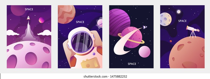 Astronaut in space. Planets of the solar system. Space travel and exploration. Set of cartoon vector templates for banners, cards, flyers, brochures.