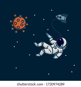 Astronaut in space, pointing at corona virus shaped planet, isolated vector illustration.