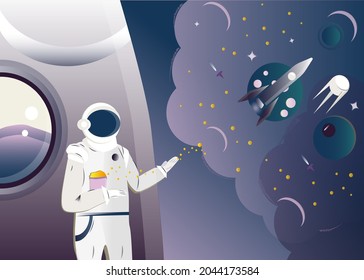 An astronaut in space with popcorn in his hands