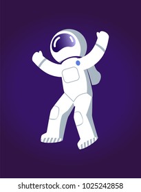Astronaut in space, poster with man wearing spacesuit and ready to explore something new, cosmonaut in cosmos, vector illustration isolated on blue