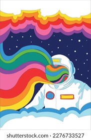 An Astronaut in Space, Astronaut and Rainbow, Psychedelic Art Style Illustration, Psychedelic Space Poster
