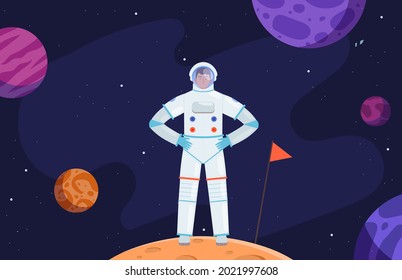 Astronaut in space. Red planet colonization, cartoon cosmonaut in universe vector illustration