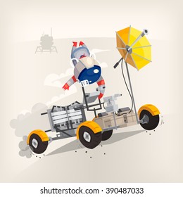 Astronaut in space riding moon rover in weightlessness