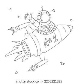 Astronaut in space, the rocket flies. Hand drawn decorative images. Vector illustrations isolated on white background.