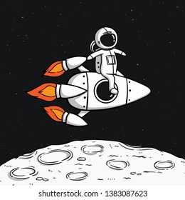 Astronaut with space rocket floating on the moon