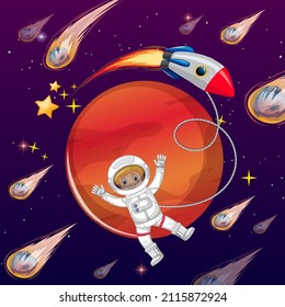 Ein Astronaut im Weltraum mit Raketengrafik
