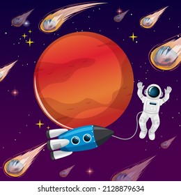 An astronaut in space with rocket illustration