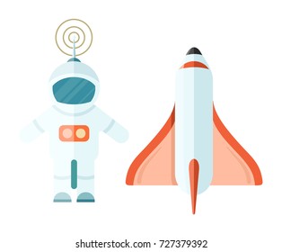 Astronaut and space rocket isolated on white. Vector poster of human in suit and flying transportation mean for discovering cosmos